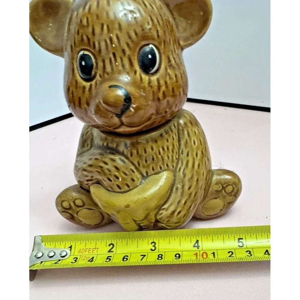 Vintage Ceramic Honey Bear Lidded Jar Brown Teddy Bear Holding Pot 5